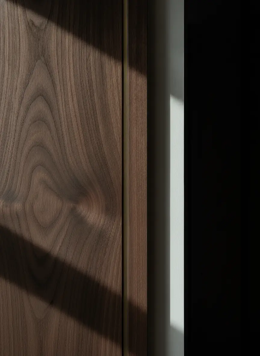 Close detail of walnut timber grain at a finished joint — illustrative